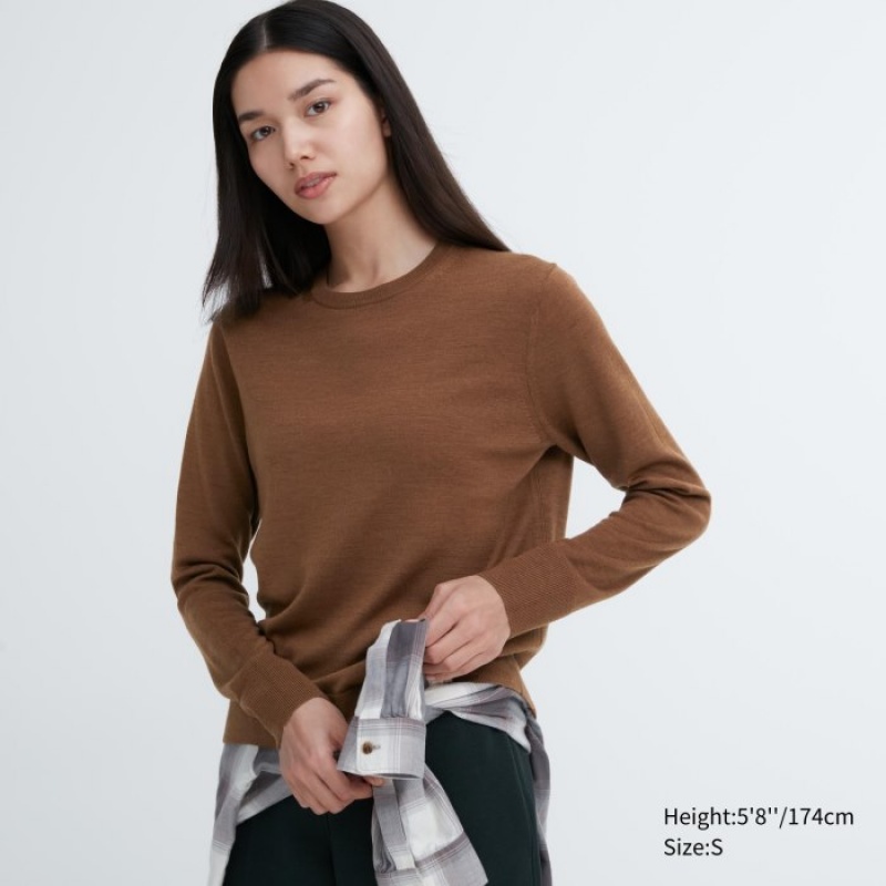 Women Uniqlo Extra Fine Merino Crew Neck Long-Sleeve Sweaters Brown | 618165