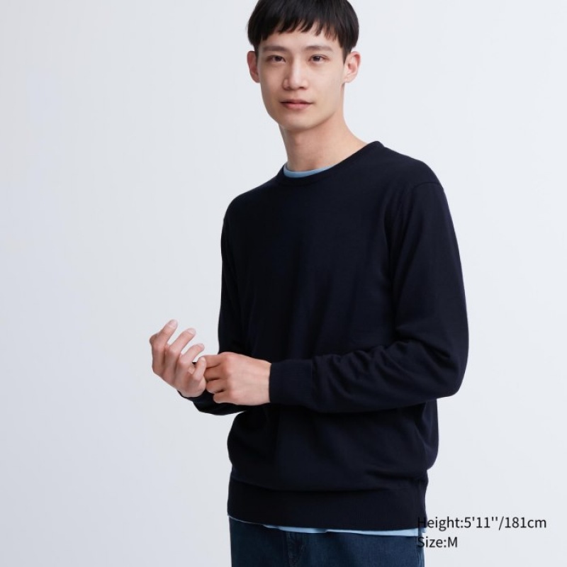 Women Uniqlo Extra Fine Merino Crew Neck Long-Sleeve Sweaters Navy | 6607874