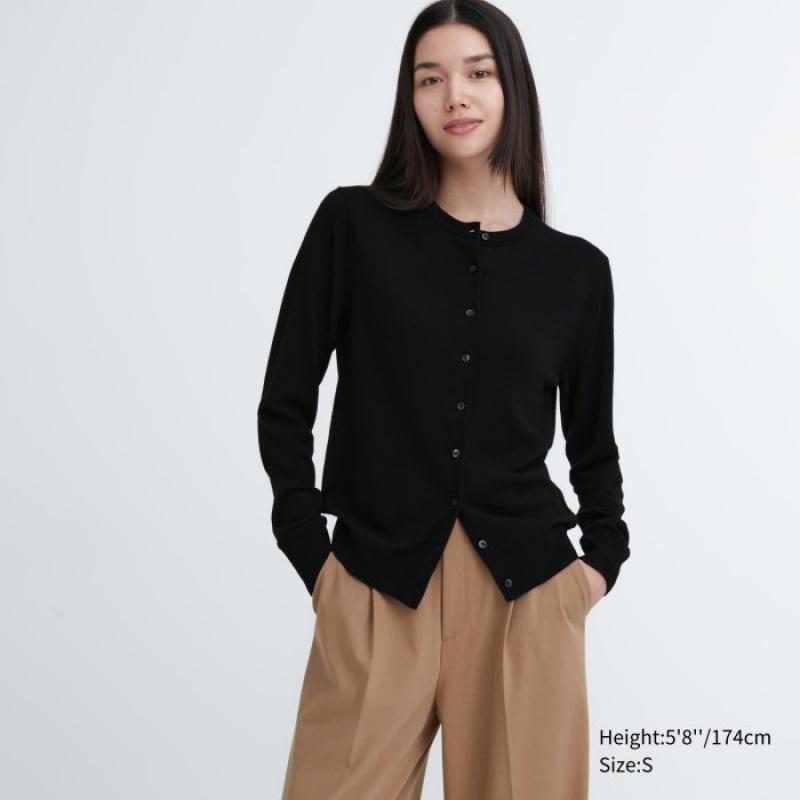 Women Uniqlo Extra Fine Merino Crew Neck Cardigan Black | 3018832