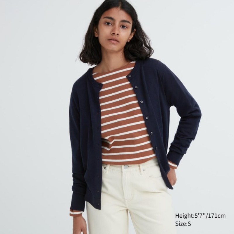 Women Uniqlo Extra Fine Merino Crew Neck Cardigan Navy | 9250512