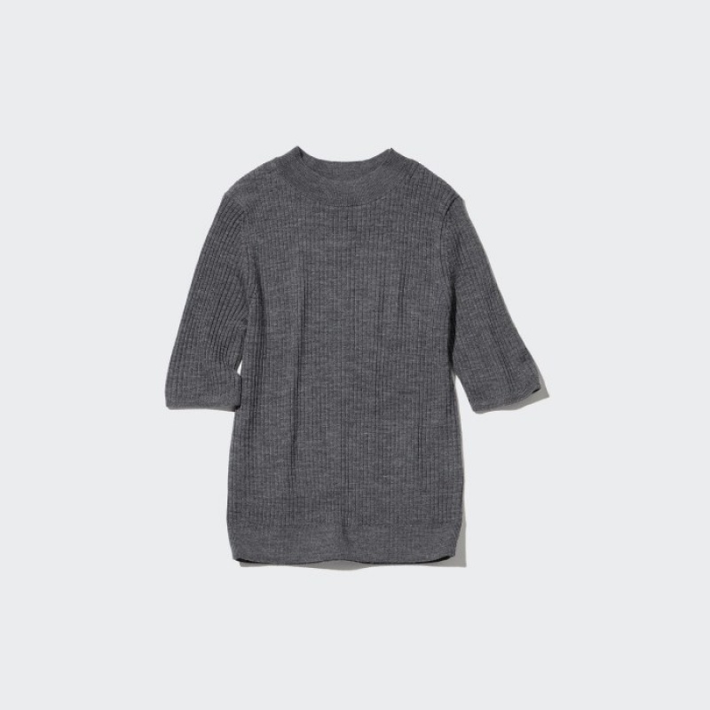 Women Uniqlo Extra Fine Merino Ribbed Mock Neck Half-Sleeve Sweaters Grey | 1853962