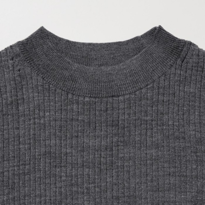 Women Uniqlo Extra Fine Merino Ribbed Mock Neck Half-Sleeve Sweaters Grey | 1853962