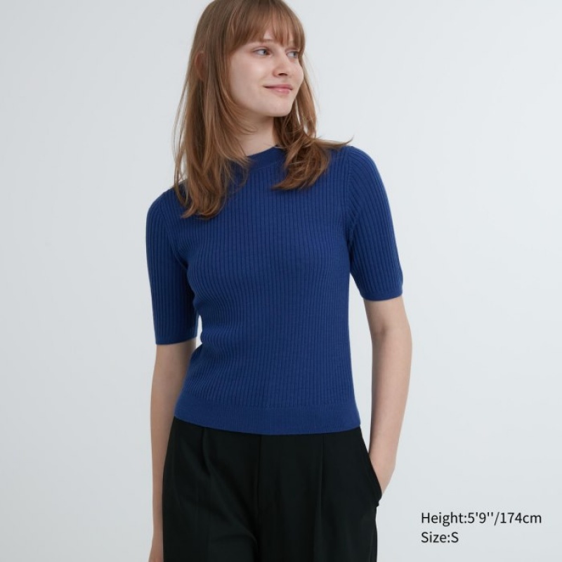 Women Uniqlo Extra Fine Merino Ribbed Mock Neck Half-Sleeve Sweaters Blue | 4788907