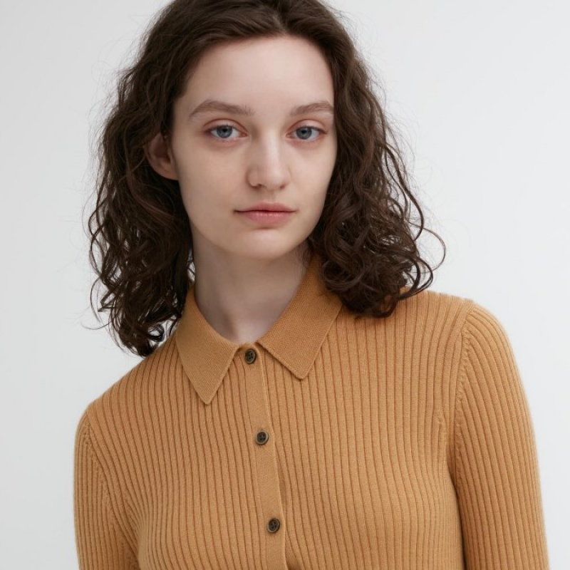 Women Uniqlo Extra Fine Merino Ribbed Polo Cardigan Beige | 1704575