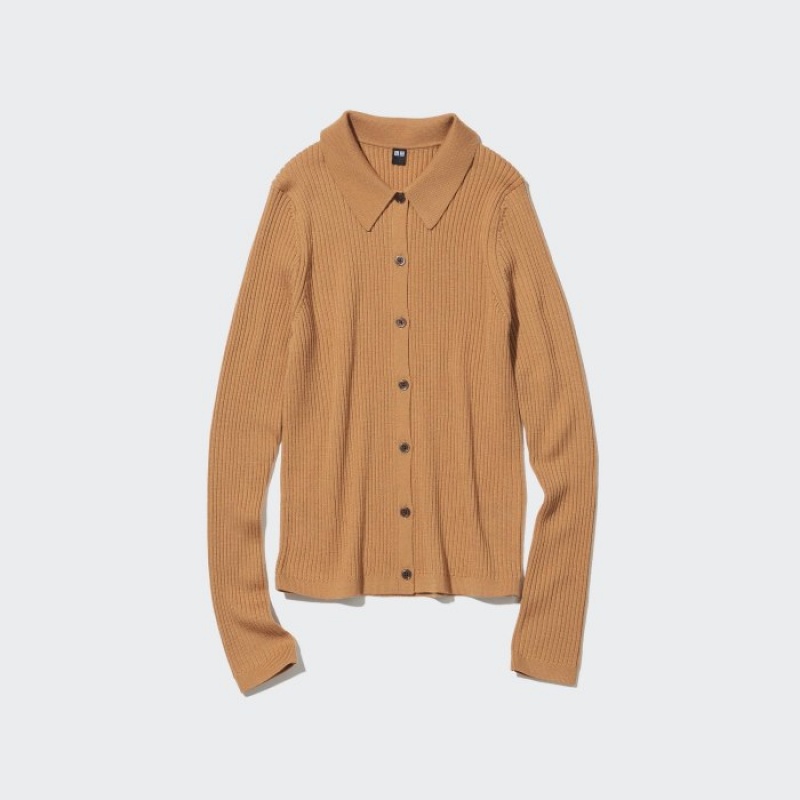 Women Uniqlo Extra Fine Merino Ribbed Polo Cardigan Beige | 1704575