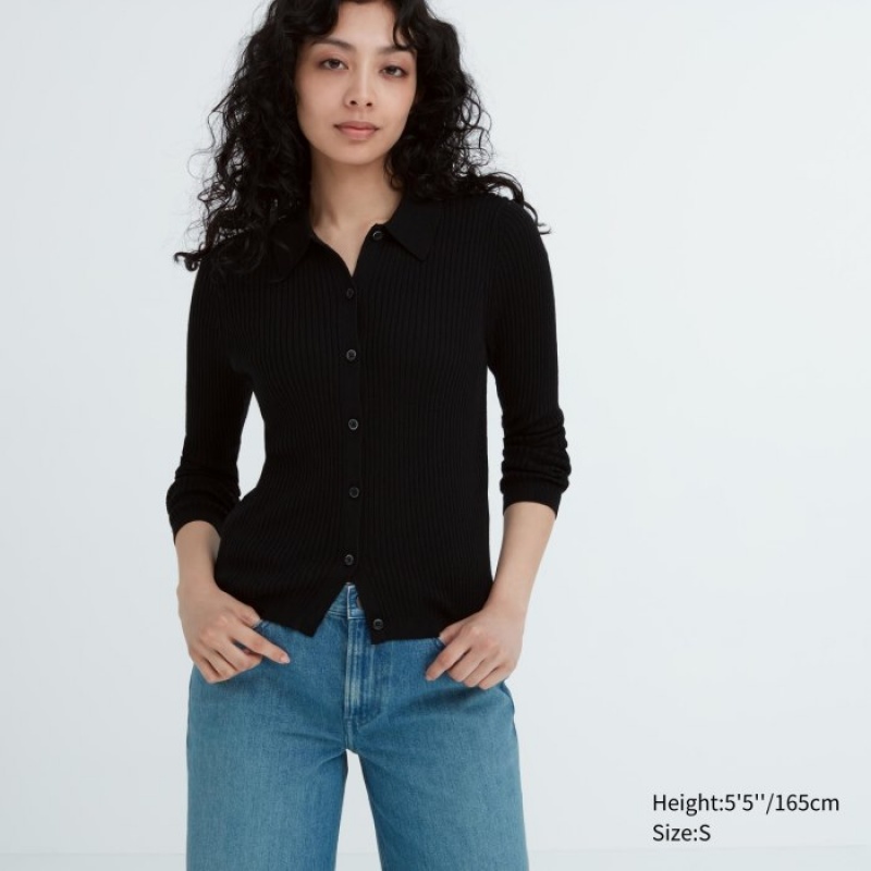 Women Uniqlo Extra Fine Merino Ribbed Polo Cardigan Black | 7457071