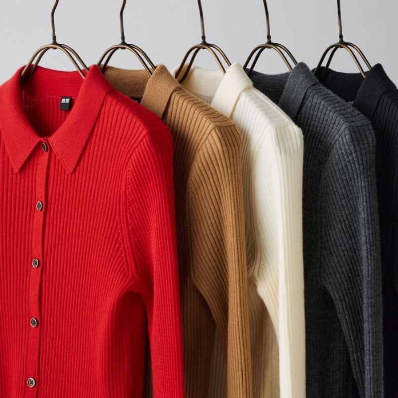 Women Uniqlo Extra Fine Merino Ribbed Polo Cardigan Red | 7949612