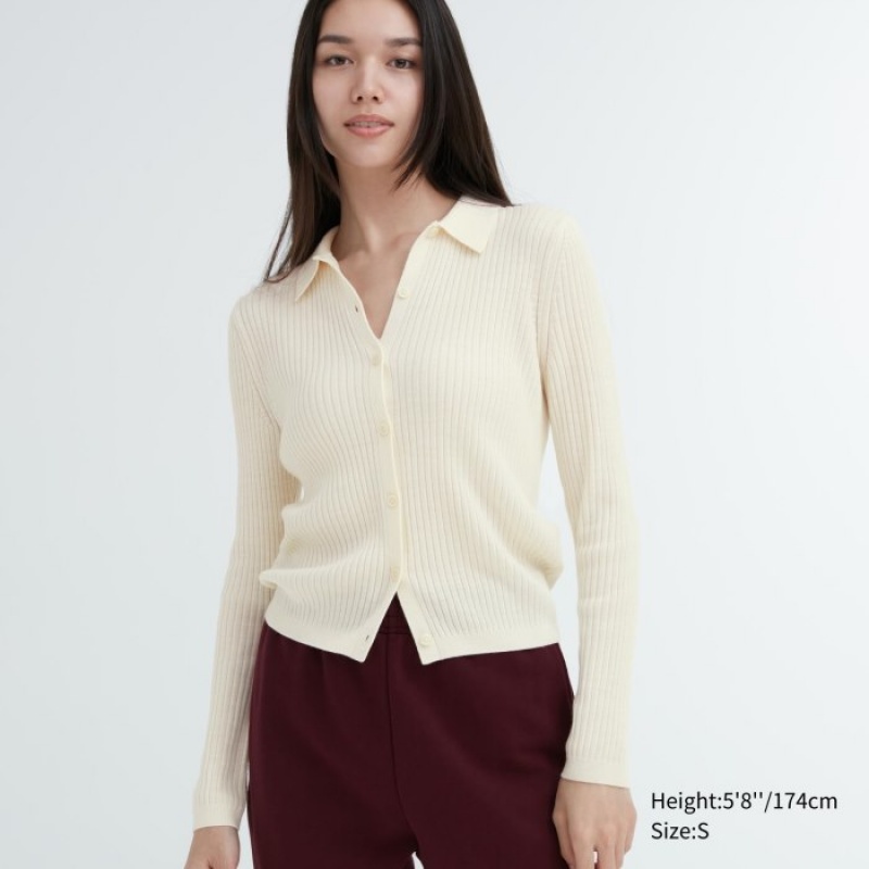 Women Uniqlo Extra Fine Merino Ribbed Polo Cardigan White | 5458555