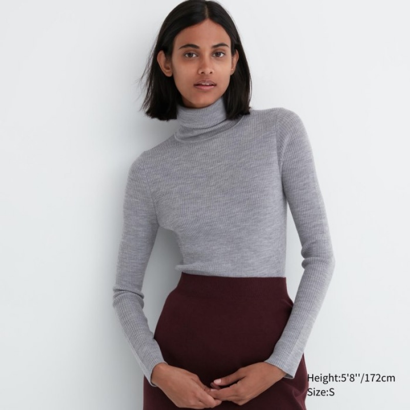 Women Uniqlo Extra Fine Merino Ribbed Turtleneck Long-Sleeve Sweaters Grey | 1169434