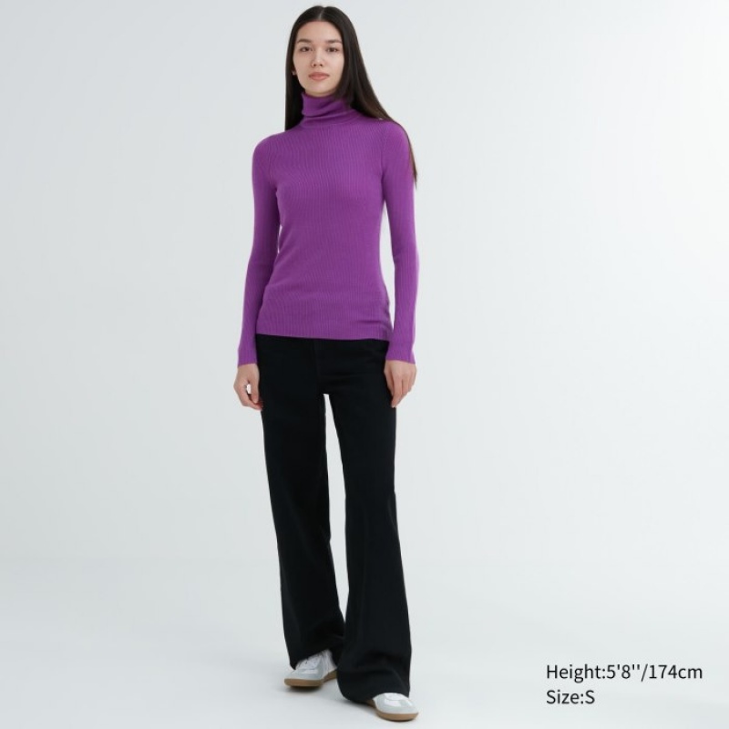 Women Uniqlo Extra Fine Merino Ribbed Turtleneck Long-Sleeve Sweaters Purple | 2312789