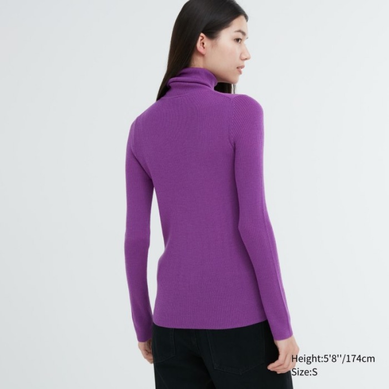 Women Uniqlo Extra Fine Merino Ribbed Turtleneck Long-Sleeve Sweaters Purple | 2312789