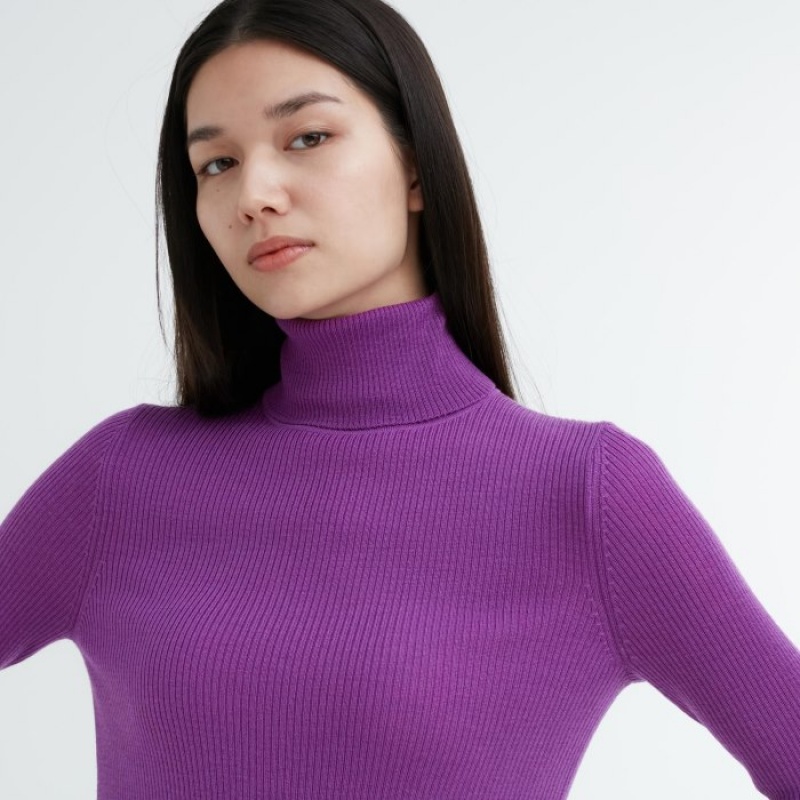 Women Uniqlo Extra Fine Merino Ribbed Turtleneck Long-Sleeve Sweaters Purple | 2312789
