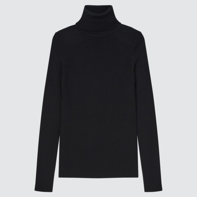 Women Uniqlo Extra Fine Merino Ribbed Turtleneck Long-Sleeve Sweaters Black | 6548833