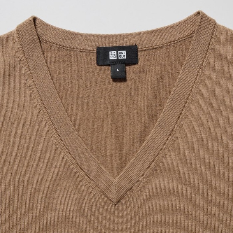 Women Uniqlo Extra Fine Merino V-Neck Long-Sleeve Sweaters Beige | 4991298