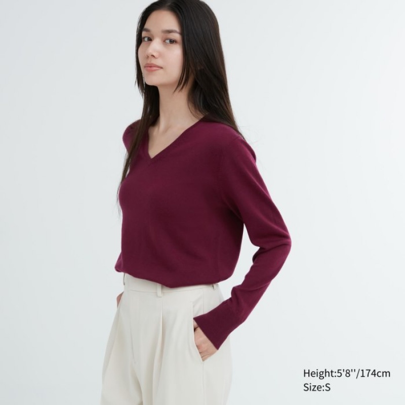 Women Uniqlo Extra Fine Merino V-Neck Long-Sleeve Sweaters Burgundy | 3123393