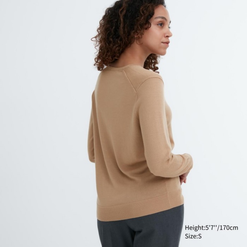 Women Uniqlo Extra Fine Merino V-Neck Long-Sleeve Sweaters Blue | 7481239