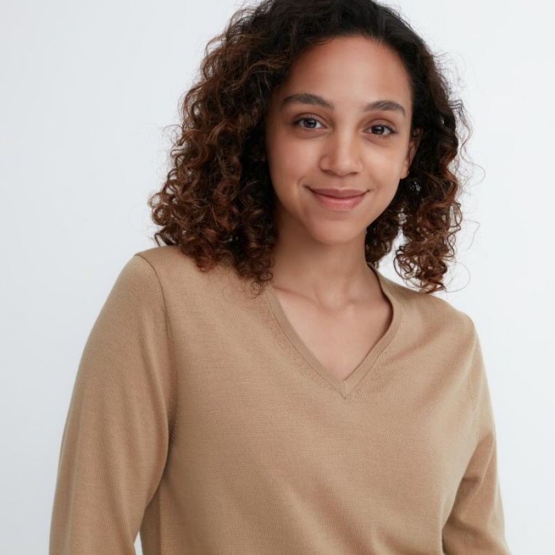 Women Uniqlo Extra Fine Merino V-Neck Long-Sleeve Sweaters Blue | 7481239