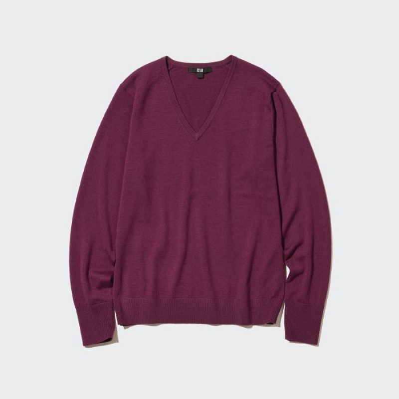 Women Uniqlo Extra Fine Merino V-Neck Long-Sleeve Sweaters Blue | 7481239