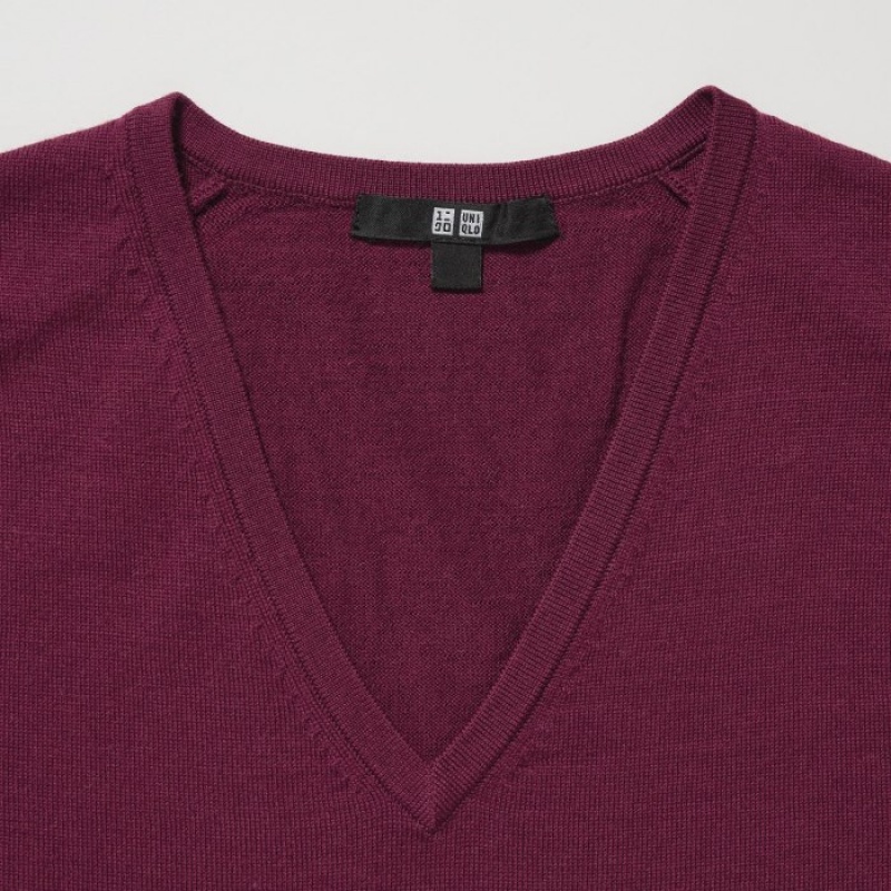 Women Uniqlo Extra Fine Merino V-Neck Long-Sleeve Sweaters Blue | 7481239