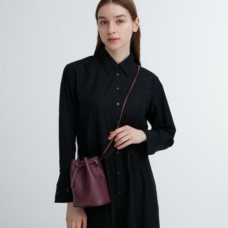 Women Uniqlo Faux-Leather Drawstring Mini Crossbody Bags Burgundy | 1285199