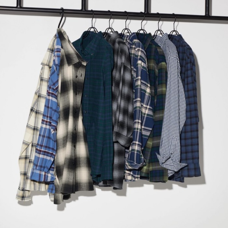 Women Uniqlo Flannel Checked Casual Shirts Blue | 9867053