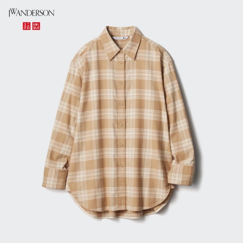 Women Uniqlo Flannel Checked Long-Sleeve Long Shirts Beige | 3749833