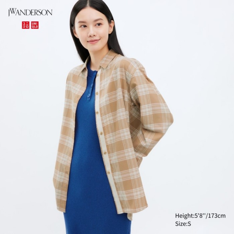 Women Uniqlo Flannel Checked Long-Sleeve Long Shirts Beige | 3749833
