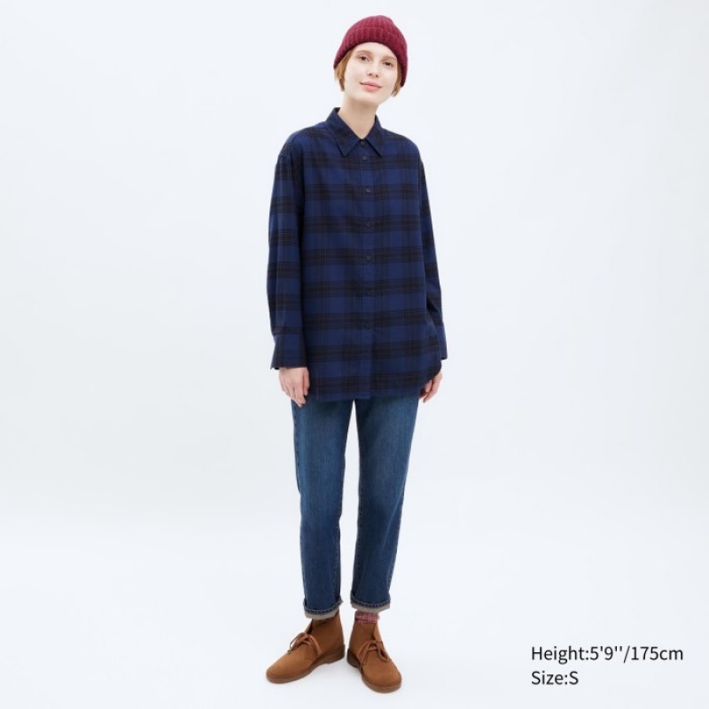 Women Uniqlo Flannel Checked Long-Sleeve Long Shirts Navy | 8781920