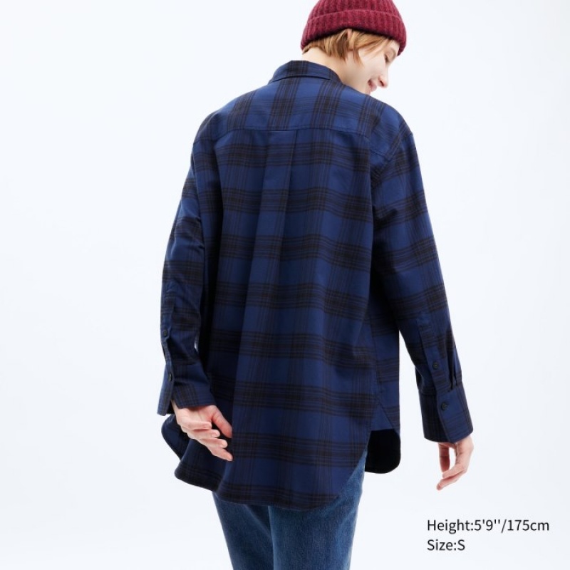 Women Uniqlo Flannel Checked Long-Sleeve Long Shirts Navy | 8781920