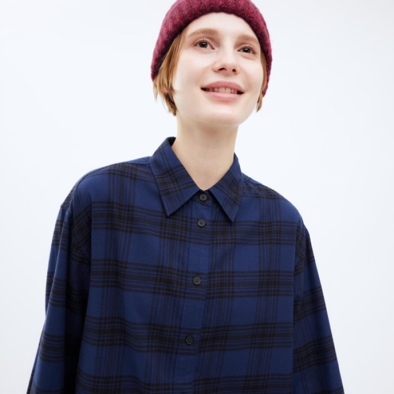 Women Uniqlo Flannel Checked Long-Sleeve Long Shirts Navy | 8781920