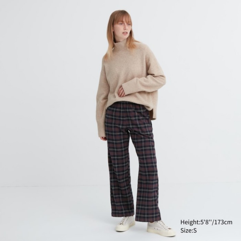 Women Uniqlo Flannel Checked Pants Brown | 6919645