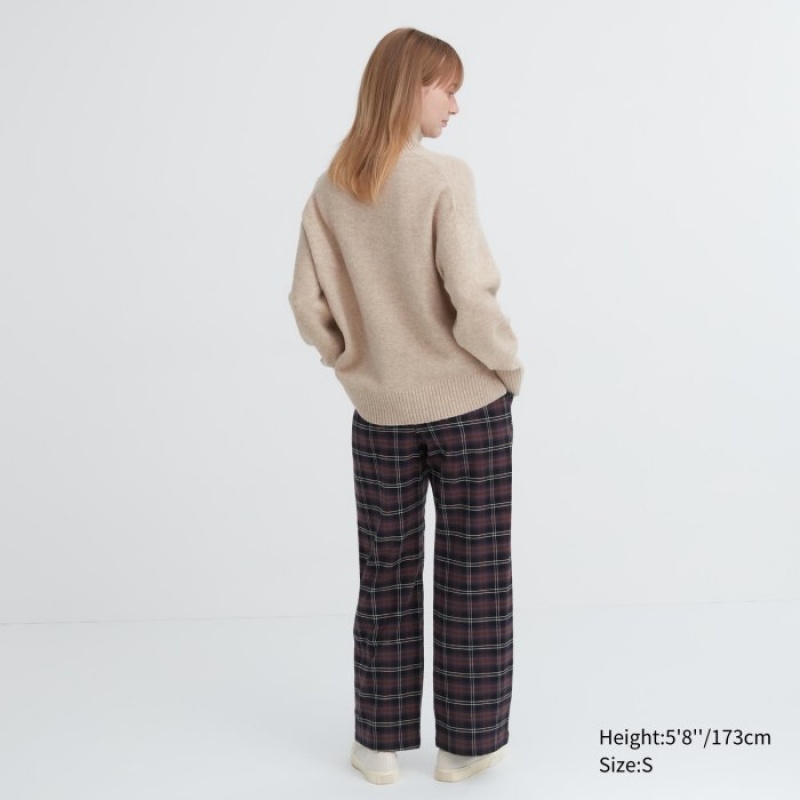 Women Uniqlo Flannel Checked Pants Brown | 6919645