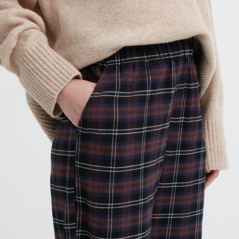 Women Uniqlo Flannel Checked Pants Brown | 6919645