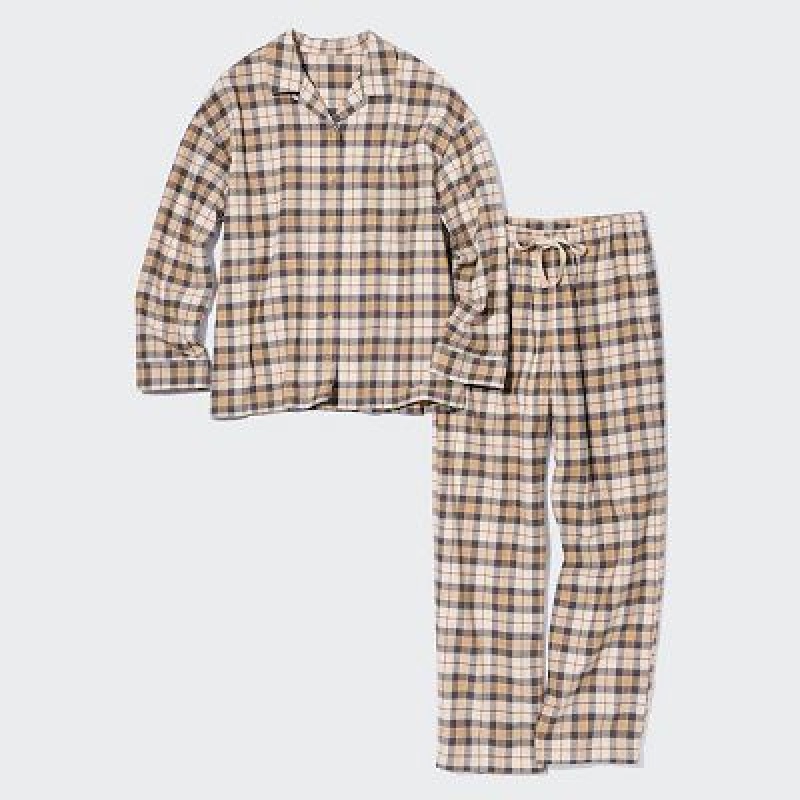 Women Uniqlo Flannel Long-Sleeve Pajamas Beige | 8180902
