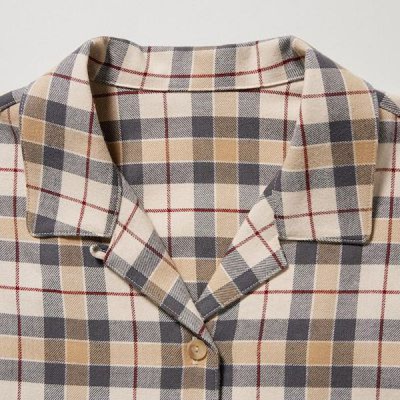 Women Uniqlo Flannel Long-Sleeve Pajamas Beige | 8180902