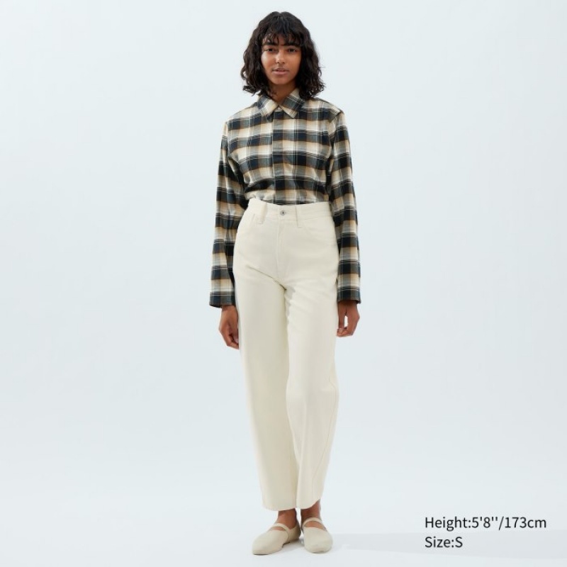 Women Uniqlo Flannel Long-Sleeve Shirts Beige | 3143828