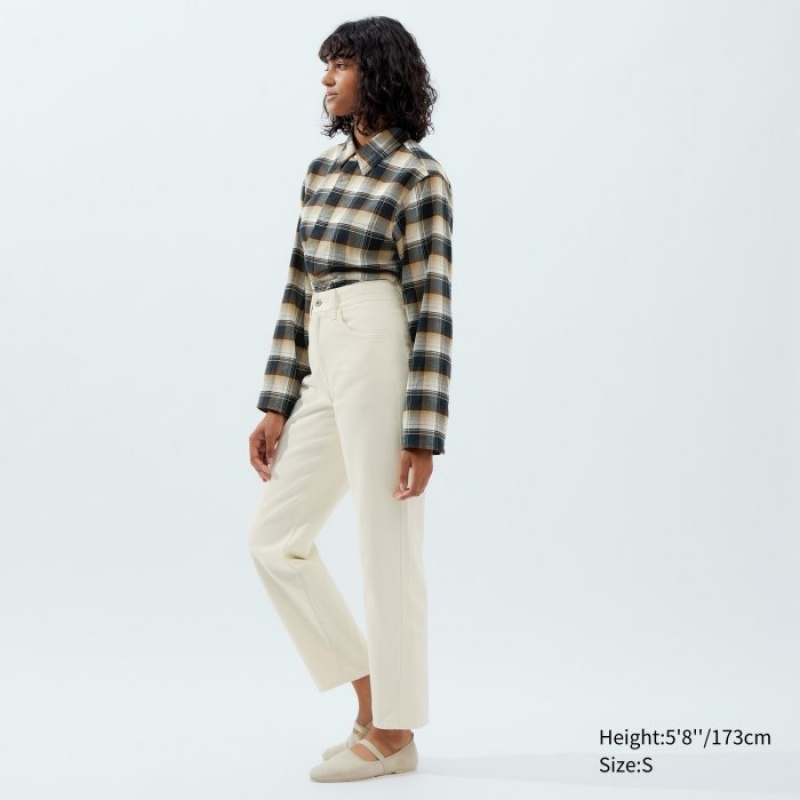 Women Uniqlo Flannel Long-Sleeve Shirts Beige | 3143828