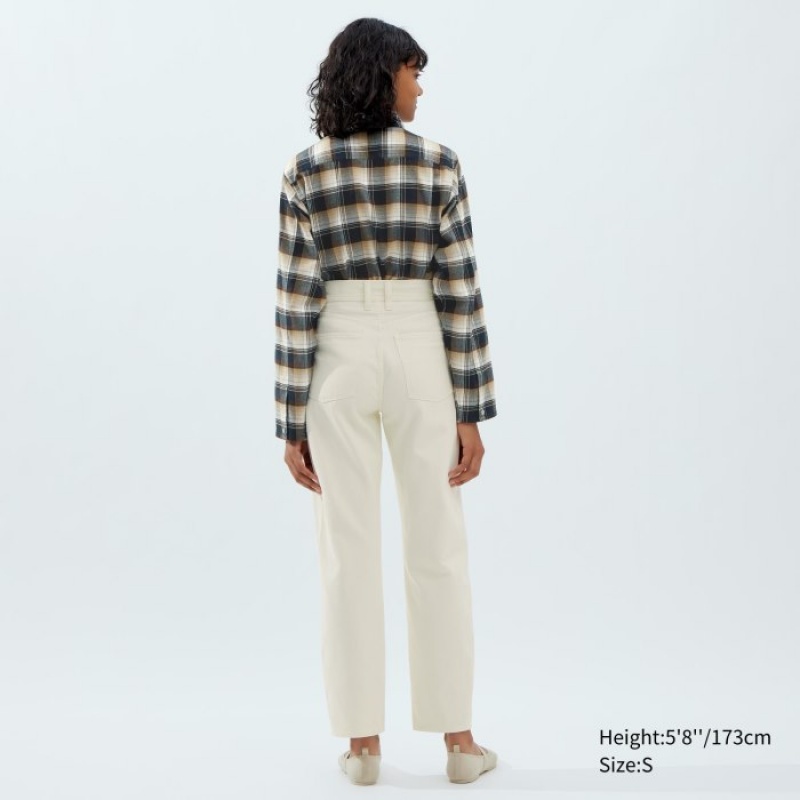 Women Uniqlo Flannel Long-Sleeve Shirts Beige | 3143828