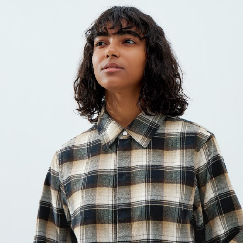 Women Uniqlo Flannel Long-Sleeve Shirts Beige | 3143828