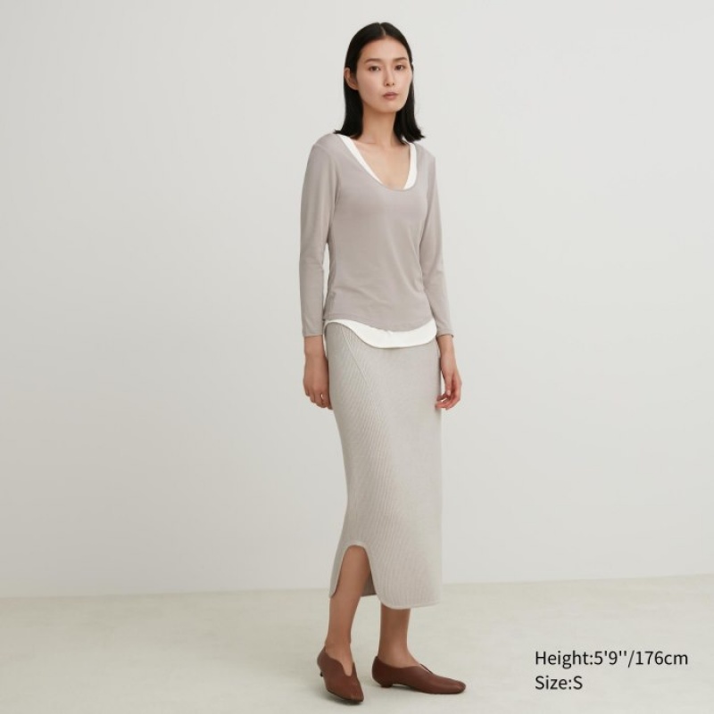 Women Uniqlo HEATTECH Ballet Neck Long-Sleeve Silk Blend T Shirts Grey | 547444