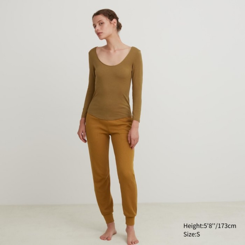 Women Uniqlo HEATTECH Ballet Neck Long-Sleeve Silk Blend T Shirts Brown | 6932145