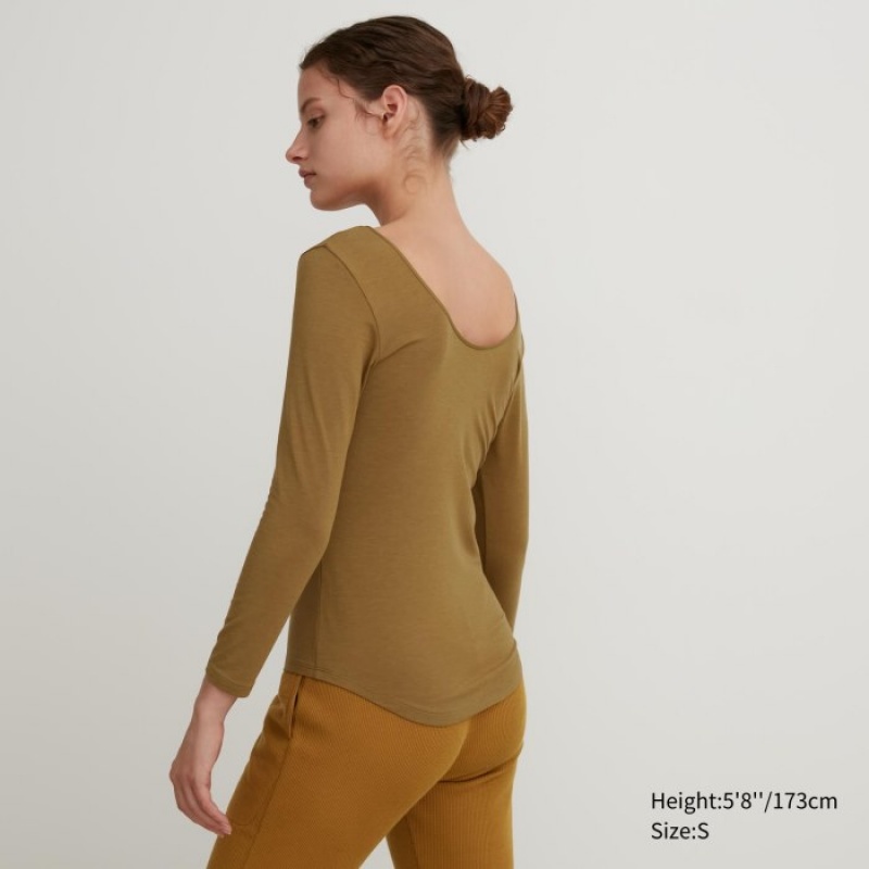 Women Uniqlo HEATTECH Ballet Neck Long-Sleeve Silk Blend T Shirts Brown | 6932145