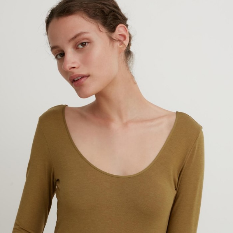 Women Uniqlo HEATTECH Ballet Neck Long-Sleeve Silk Blend T Shirts Brown | 6932145