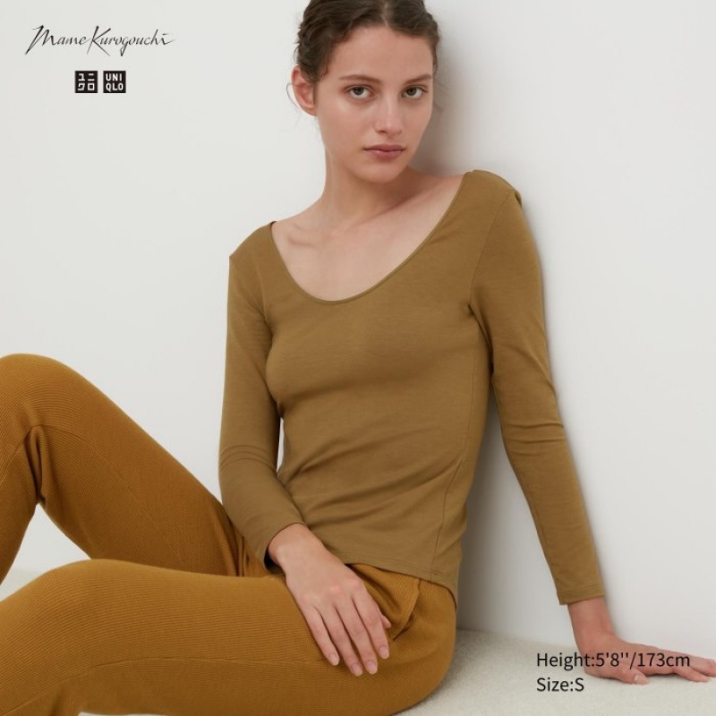 Women Uniqlo HEATTECH Ballet Neck Long-Sleeve Silk Blend T Shirts Brown | 6932145