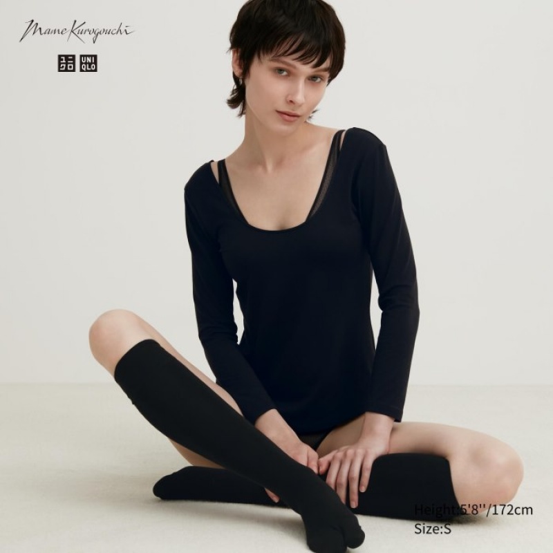 Women Uniqlo HEATTECH Ballet Neck Long-Sleeve Silk Blend T Shirts Black | 1902859