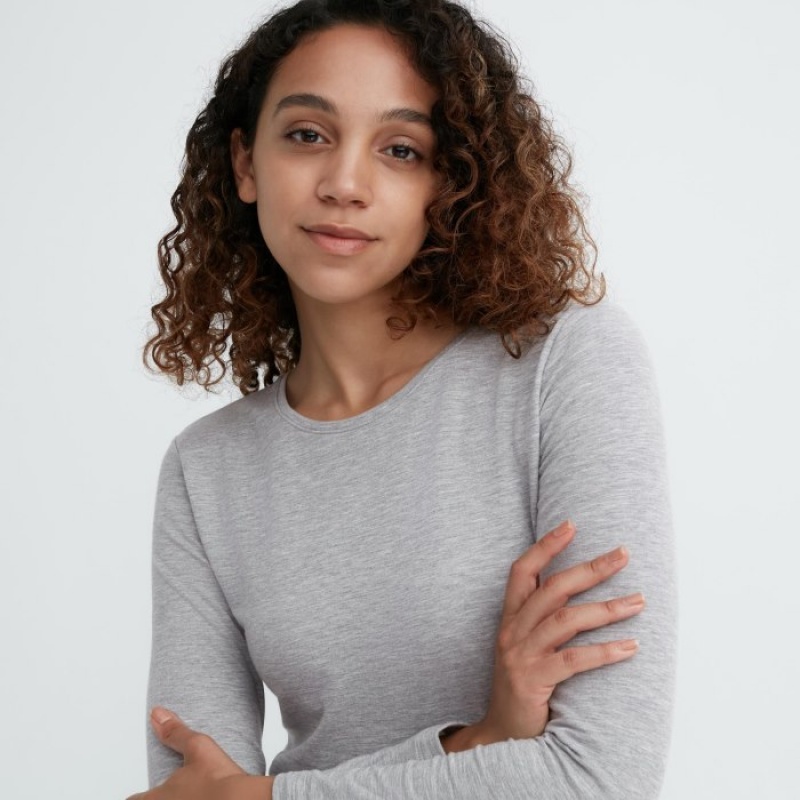 Women Uniqlo HEATTECH Cotton Crew Neck Long-Sleeve T Shirts Grey | 2722284