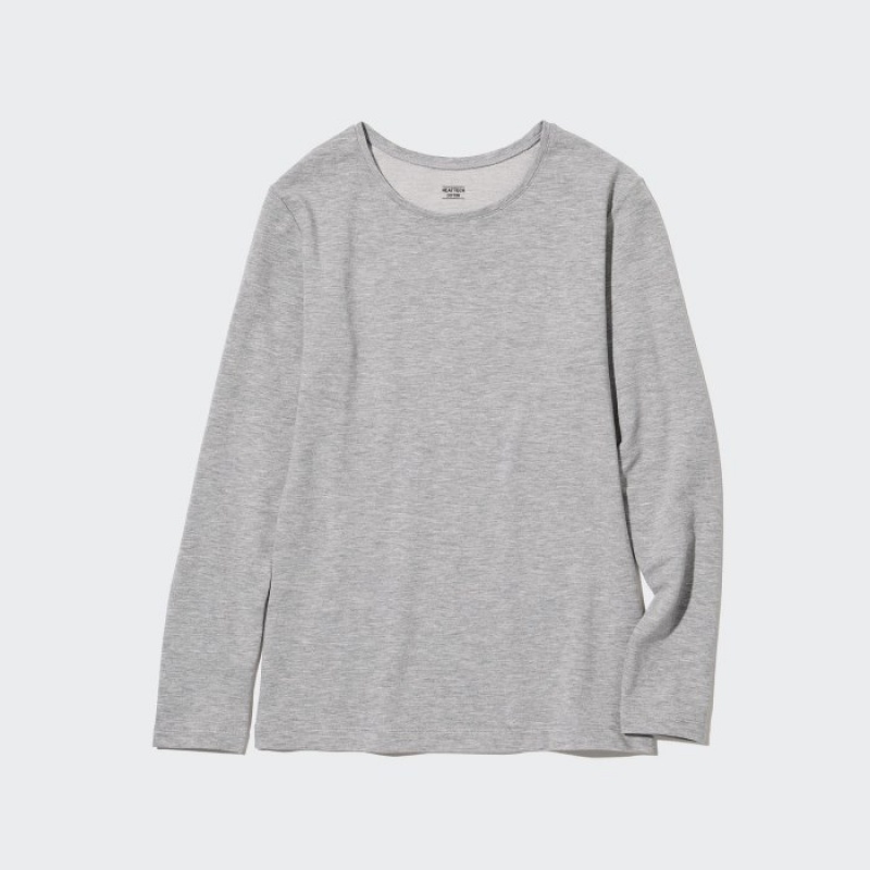 Women Uniqlo HEATTECH Cotton Crew Neck Long-Sleeve T Shirts Grey | 2722284