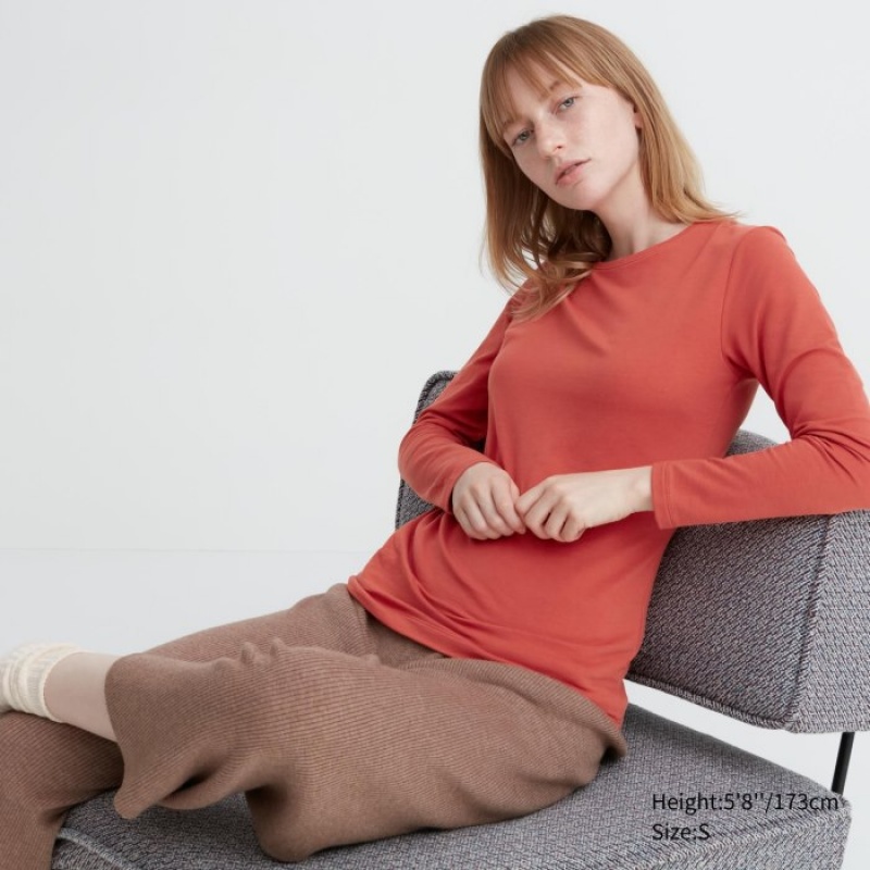 Women Uniqlo HEATTECH Cotton Crew Neck Long-Sleeve T Shirts Red | 2213892