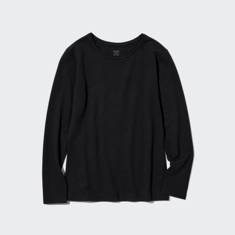 Women Uniqlo HEATTECH Cotton Crew Neck Long-Sleeve T Shirts Black | 7820817