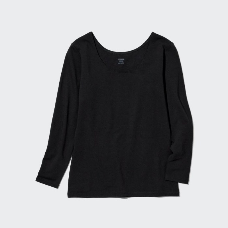 Women Uniqlo HEATTECH Cotton Scoop Neck Long-Sleeve T Shirts Black | 7290181